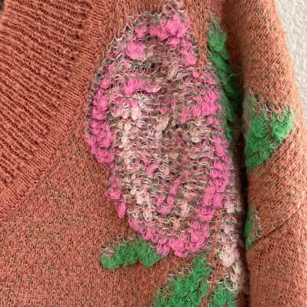 Anthropologie V-Neck Sweater Rust 3D Floral oversized y2k boho quirky - Picture 2 of 8